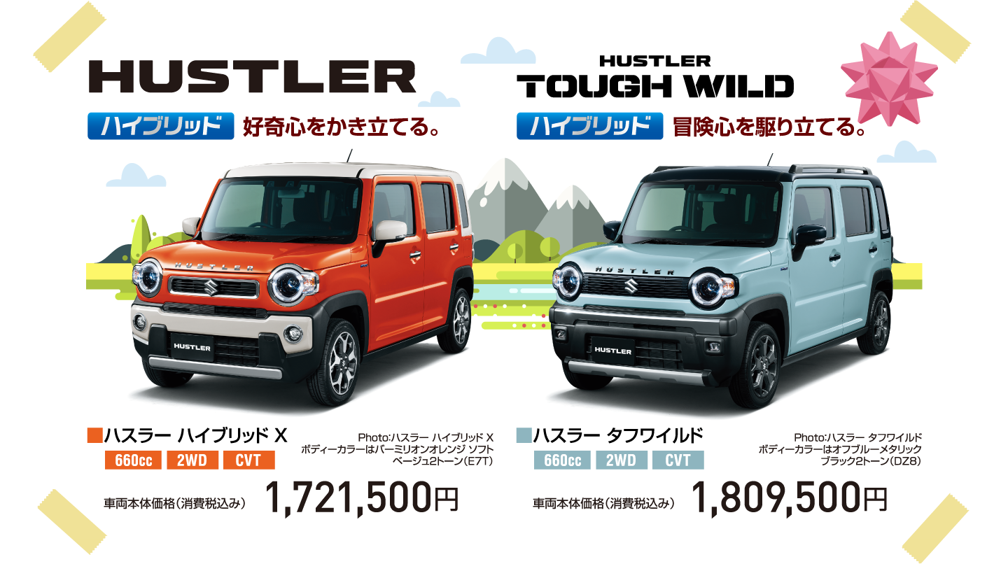 HUSTLER ハイブリッド 好奇心をかき立てる。 ■ハスラー ハイブリッド X 660cc 2WD CVT Photo：ハスラー ハイブリッド X ボディーカラーはバーミリオンオレンジ ソフト ベージュ2トーン（E7T） 車両本体価格（消費税込み）1,721,500円 HUSTLER TOUGH WILD ハイブリッド 冒険心を駆り立てる。 ■ハスラー タフワイルド 660cc 2WD CVT Photo：ハスラー タフワイルド ボディーカラーはオフブルーメタリック ブラック2トーン（DZ8） 車両本体価格（消費税込み） 1,809,500円