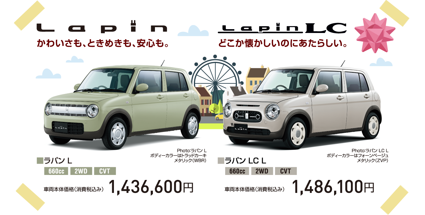 Lapin かわいさも、ときめきも、安心も。 Photo：ラパン L ボディーカラーはトラッドカーキ メタリック（WBR） ■ラパン L 660cc 2WD CVT 車両本体価格（消費税込み） 1,436,600円 Lapin LC どこか懐かしいのにあたらしい。 Photo：ラパン LC L ボディーカラーはフォーンベージュ メタリック（ZVP） ■ラパン LC L 660cc 2WD CVT 車両本体価格（消費税込み） 1,486,100円