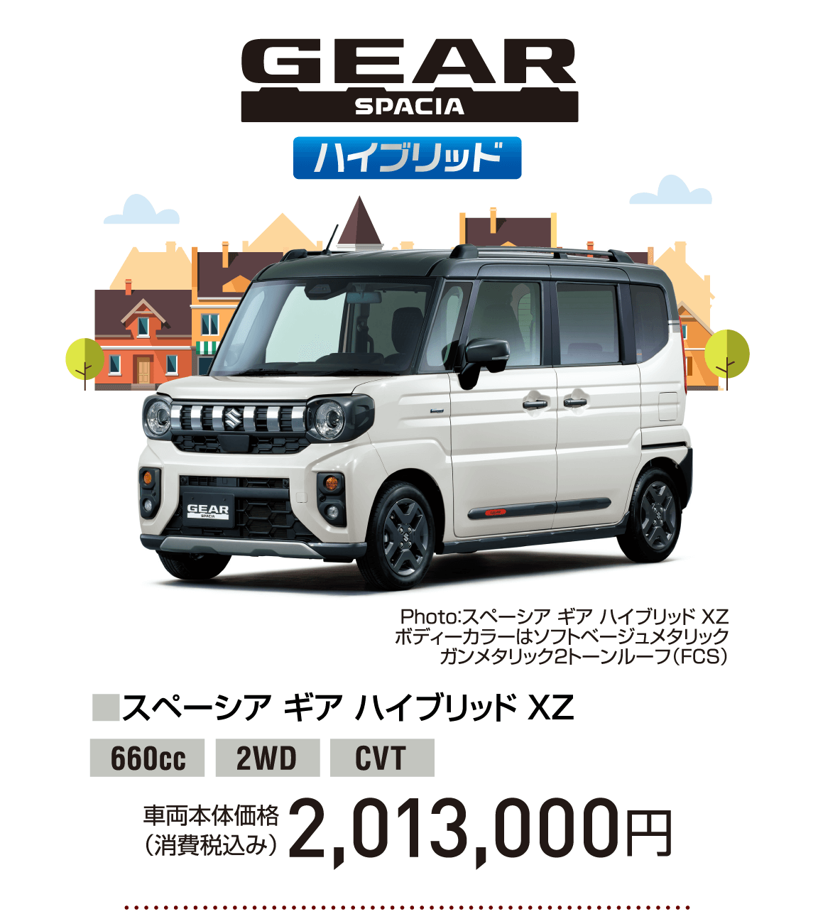 GEAR SPACIA ハイブリッド Photo：スペーシア ギア ハイブリッド XZ ボディーカラーはソフトベージュメタリック ガンメタリック2トーンルーフ（FCS） ■スペーシア ギア ハイブリッド XZ 660cc 2WD CVT 車両本体価格 （消費税込み）2,013,000円