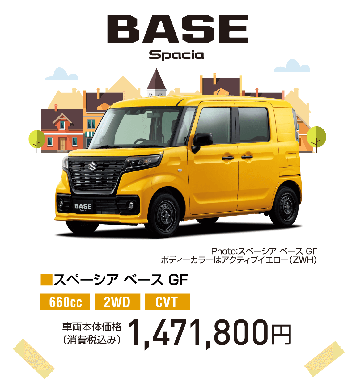 BASE Spacia Photo：スペーシア ベース GF ボディーカラーはアクティブイエロー（ZWH） ■スペーシア ベース GF 660cc 2WD CVT 車両本体価格 （消費税込み） 1,471,800円
