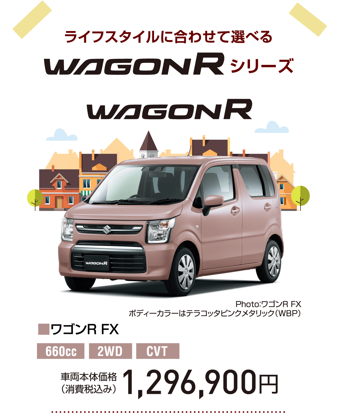 ライフスタイルに合わせて選べる WAGONR シリーズ Photo：ワゴンR FX ボディーカラーはテラコッタピンクメタリック（WBP） ■ワゴンR FX  660cc 2WD CVT 車両本体価格 （消費税込み） 1,296,900円