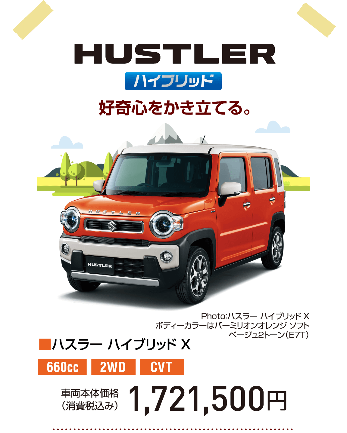 HUSTLER ハイブリッド 好奇心をかき立てる。 ■ハスラー ハイブリッド X 660cc 2WD CVT Photo：ハスラー ハイブリッド X ボディーカラーはバーミリオンオレンジ ソフト ベージュ2トーン（E7T） 車両本体価格（消費税込み）1,721,500円
