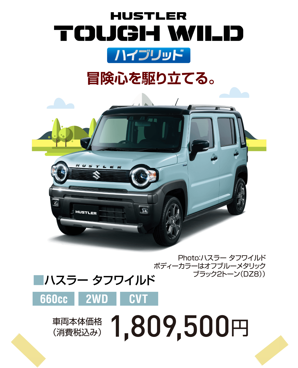 HUSTLER TOUGH WILD ハイブリッド 冒険心を駆り立てる。 ■ハスラー タフワイルド 660cc 2WD CVT Photo：ハスラー タフワイルド ボディーカラーはオフブルーメタリック ブラック2トーン（DZ8） 車両本体価格（消費税込み） 1,809,500円