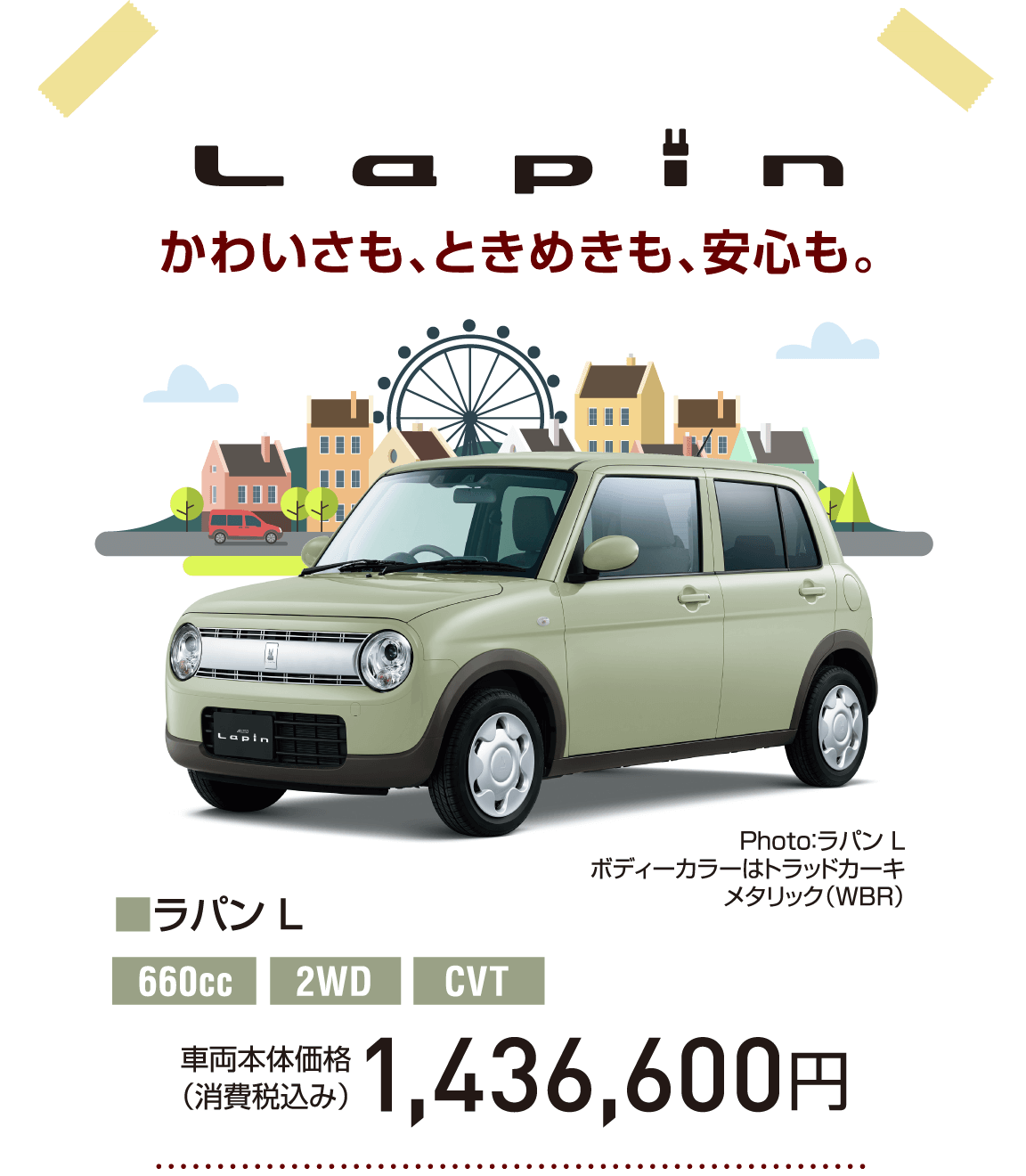 Lapin かわいさも、ときめきも、安心も。 Photo：ラパン L ボディーカラーはトラッドカーキ メタリック（WBR） ■ラパン L 660cc 2WD CVT 車両本体価格（消費税込み） 1,436,600円