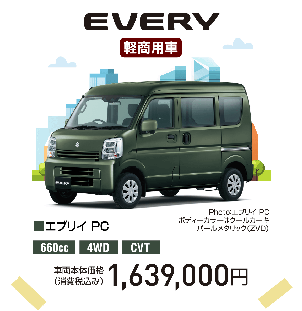 EVERY 軽商用車 Photo：エブリイ PC ボディーカラーはクールカーキ パールメタリック（ZVD） ■エブリイ PC 660cc 4WD CVT 車両本体価格（消費税込み） 1,639,000円