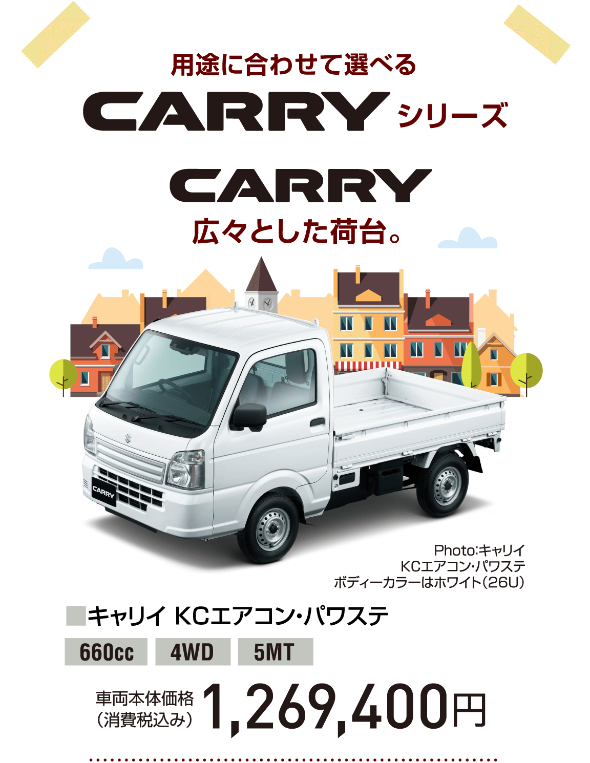 用途に合わせて選べる CARRY シリーズ CARRY 広々とした荷台。Photo：キャリイ KCエアコン・パワステ ボディーカラーはホワイト（26U） ■キャリイ KCエアコン・パワステ 660cc 4WD 5MT 車両本体価格（消費税込み） 1,269,400円